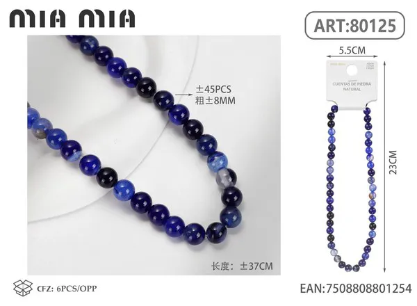 Collar de cuentas de ágata rayada azul de 8mm