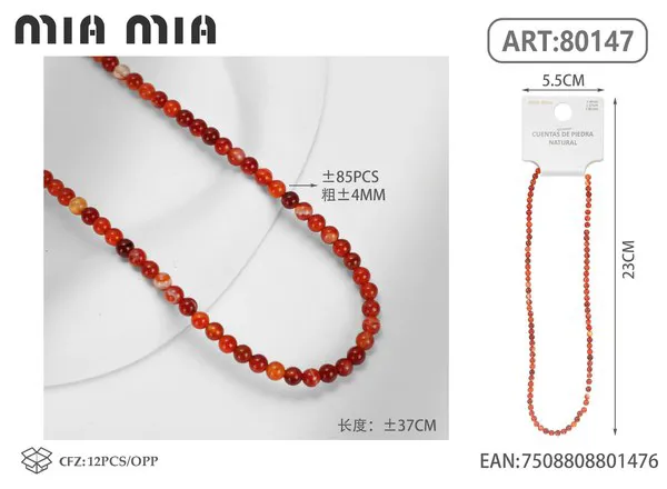 Collar de cuentas de ágata rayada roja de 4mm