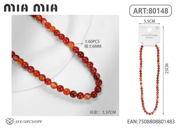 Collar de cuentas de ágata rayada roja de 6mm