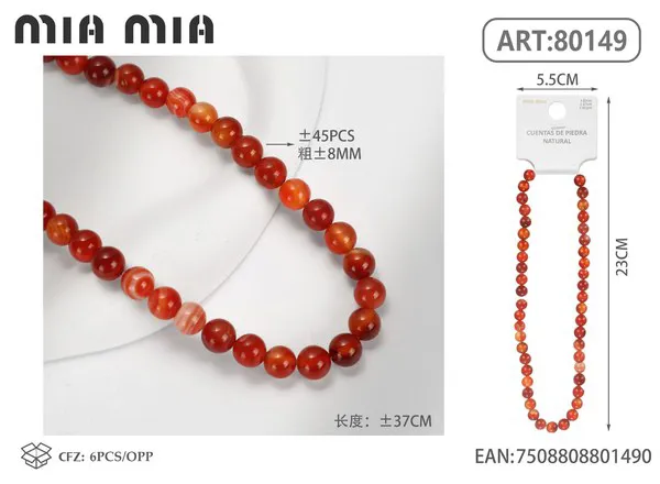 Collar de cuentas de ágata rayada roja de 8mm
