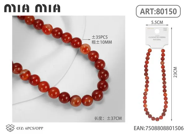 Collar de cuentas de ágata rayada roja de 10mm