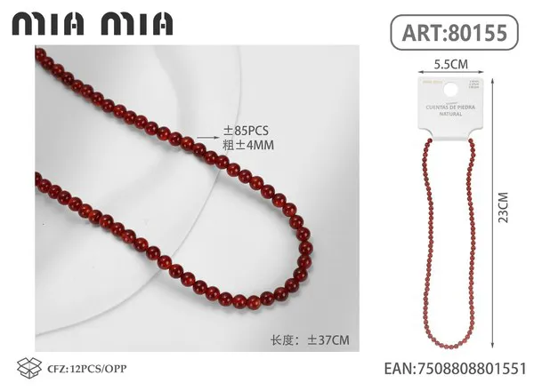 Collar de cuentas de ágata roja de 4mm