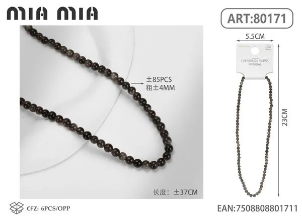 Collar de cuentas de obsidiana plateada de 4mm