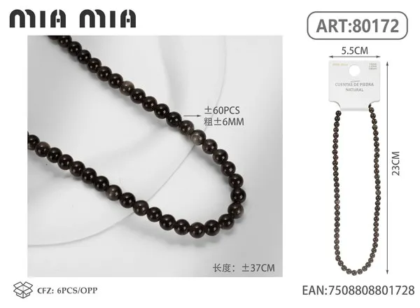 Collar de cuentas de obsidiana plateada de 6mm