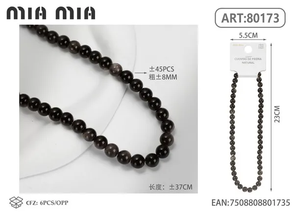 Collar de cuentas de obsidiana plateada de 8mm