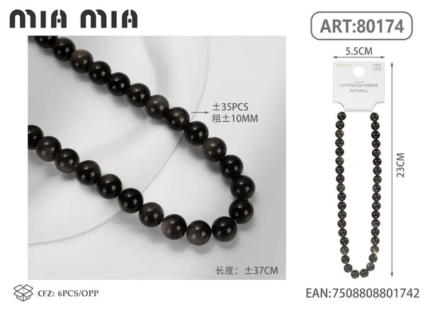 Collar de cuentas de obsidiana plateada de 10mm