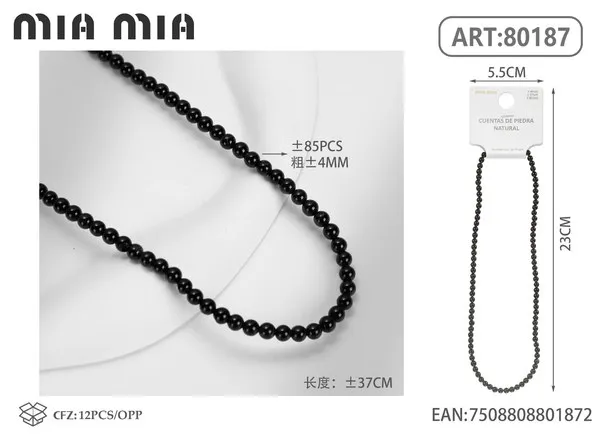 Collar de cuentas de ágata negra de 4mm