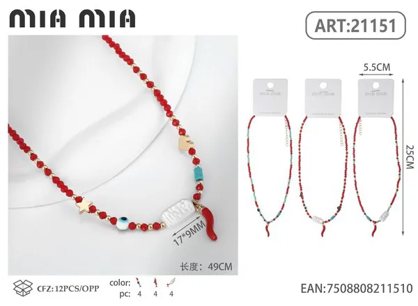 Collar de cuentas rojas con dije de chile y ojo turco
