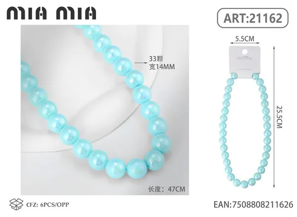 Collar de cuentas nacaradas azul claro de 14mm