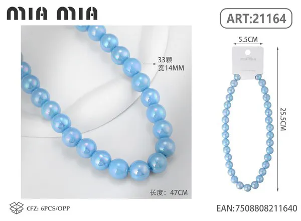 Collar de cuentas nacaradas azules de 14mm