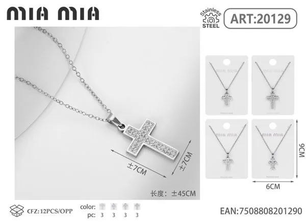 Collar de acero inoxidable con cruz de diamantes en tono plata