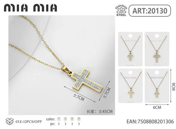 Collar de acero inoxidable con cruz de diamantes en tono dorado