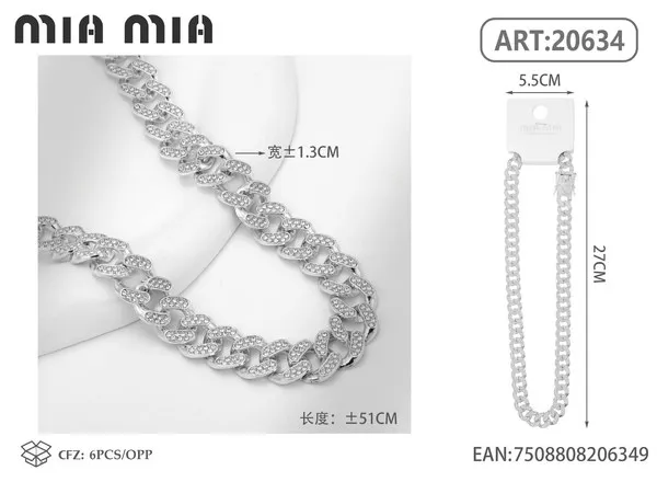 Collar tipo cadena cubana de aleación con diamantes en tono plata