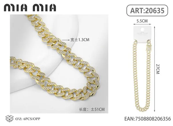 Collar tipo cadena cubana de aleación con diamantes en tono dorado