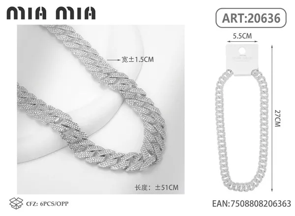Collar tipo cadena cubana de aleación con diamantes en tono plata