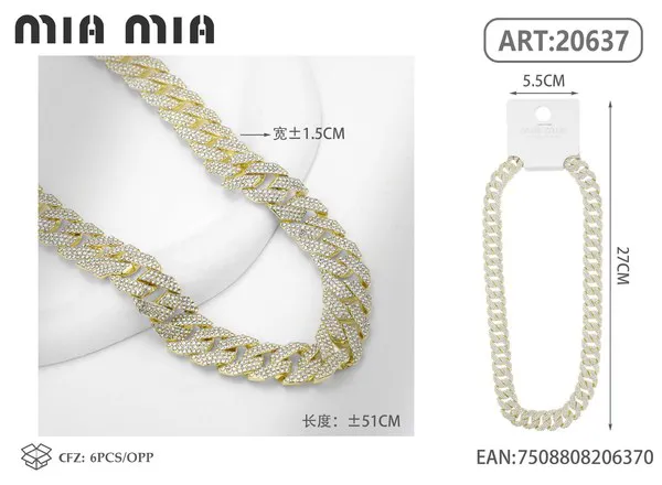 Collar tipo cadena cubana de aleación con diamantes en tono dorado