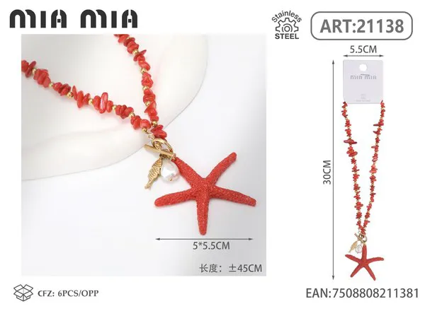 Collar de conchas rojas con dije de estrella de mar
