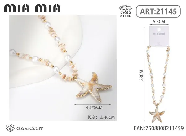Collar de conchas y perlas con dije de estrella de mar