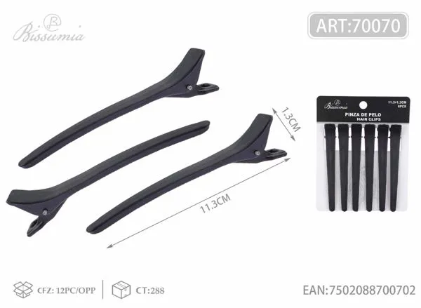 Pinzas de plástico para cabello 11.3 x 1.3 cm, 6 piezas