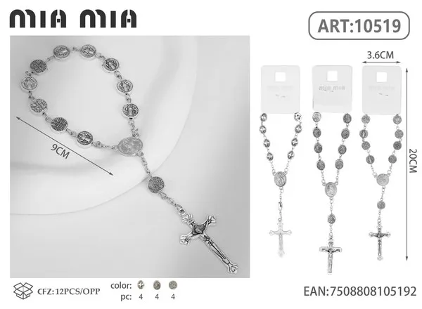 Rosario de mano con medallas de San Benito y crucifijo, plateado