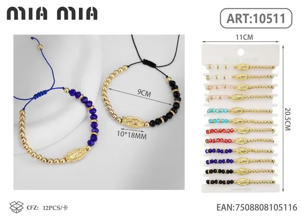 Pulsera de cuentas doradas con medalla de la Virgen, surtido