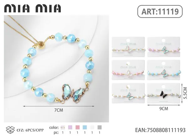 Pulsera de cuentas de cristal azul con dije de mariposa
