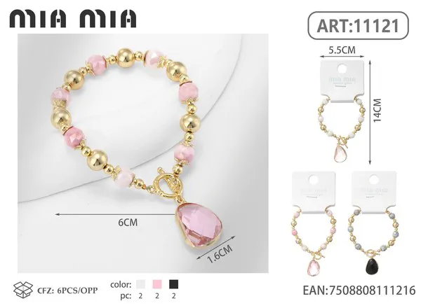 Pulsera de cuentas de cristal rosa con dije de gota