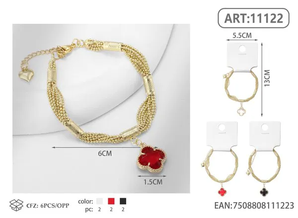 Pulsera dorada con dije de trébol rojo