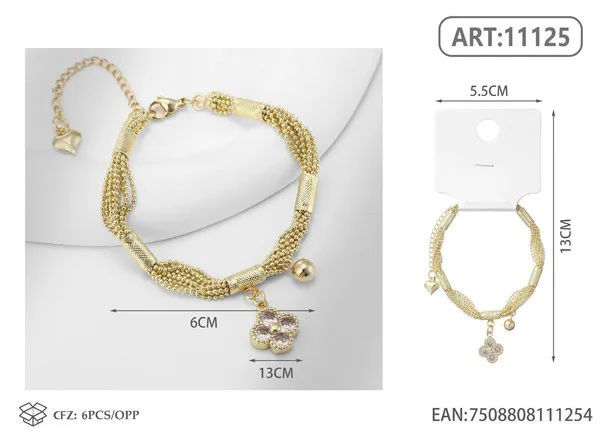 Pulsera dorada con dije de trébol y circonias