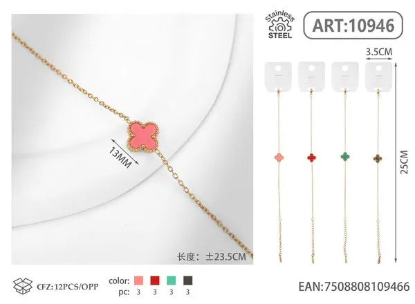 Pulsera de acero inoxidable con trébol de la suerte, colores surtidos