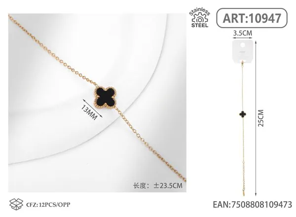 Pulsera de acero inoxidable con trébol de la suerte, negro