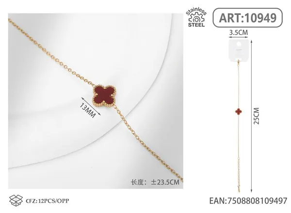 Pulsera de acero inoxidable con un trébol, rojo vino