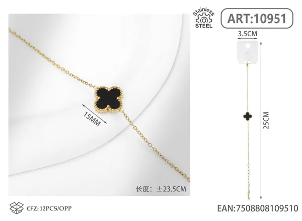 Pulsera de acero inoxidable con un trébol, negro