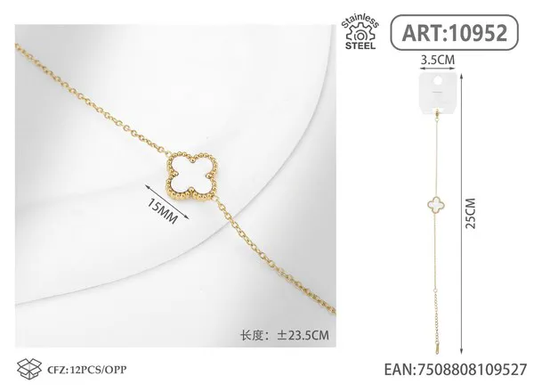 Pulsera de acero inoxidable con un trébol, blanco