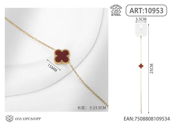 Pulsera de acero inoxidable con un trébol, rojo vino