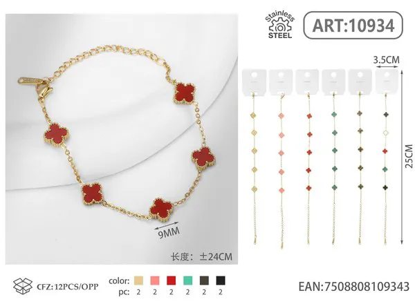 Pulsera de acero inoxidable con cinco tréboles pequeños, varios colores