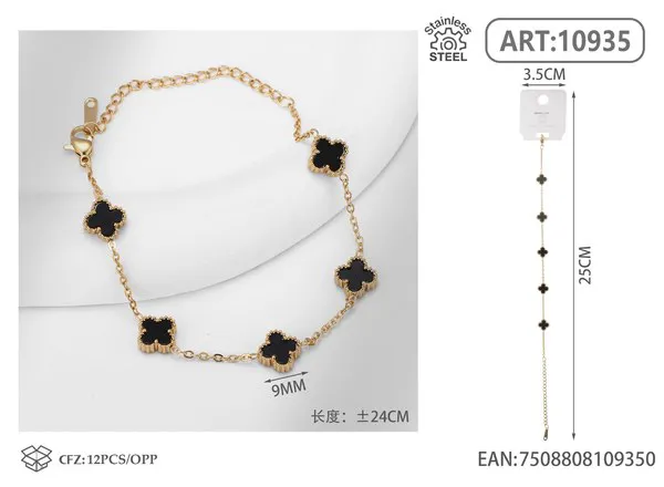 Pulsera de acero inoxidable con cinco tréboles pequeños, negro