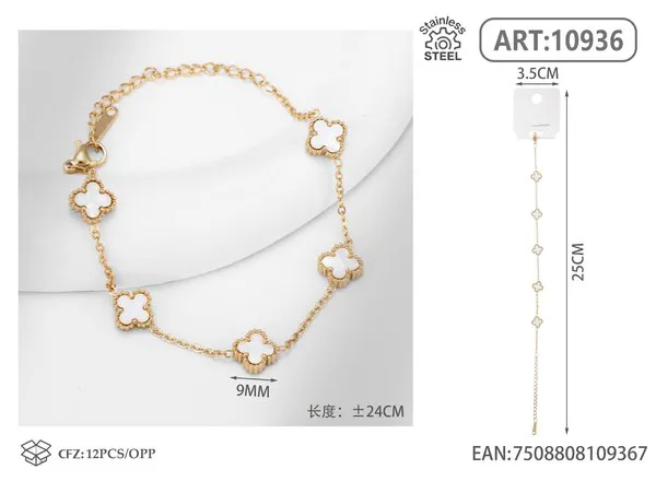 Pulsera de acero inoxidable con cinco tréboles pequeños, blanco