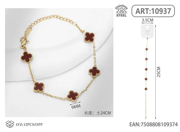 Pulsera de acero inoxidable con cinco tréboles pequeños, rojo vino
