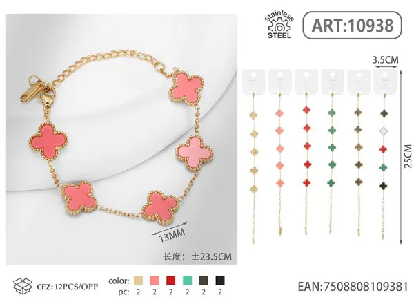 Pulsera de acero inoxidable con cinco tréboles, varios colores