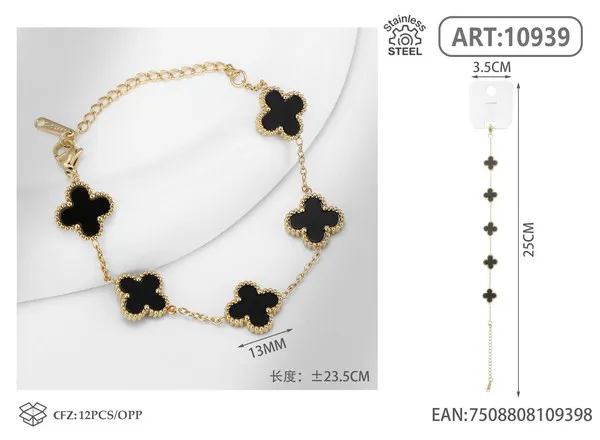 Pulsera de acero inoxidable con cinco tréboles, negro