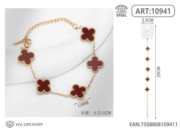 Pulsera de acero inoxidable con cinco tréboles, rojo vino