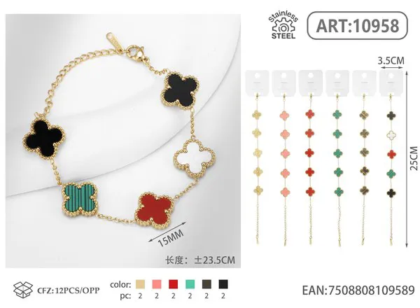 Pulsera de acero inoxidable con cinco tréboles, varios colores
