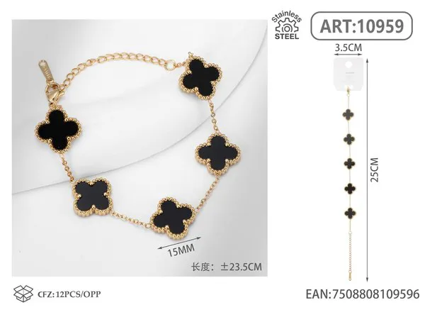 Pulsera de acero inoxidable con cinco tréboles, negro