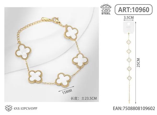 Pulsera de acero inoxidable con cinco tréboles, blanco