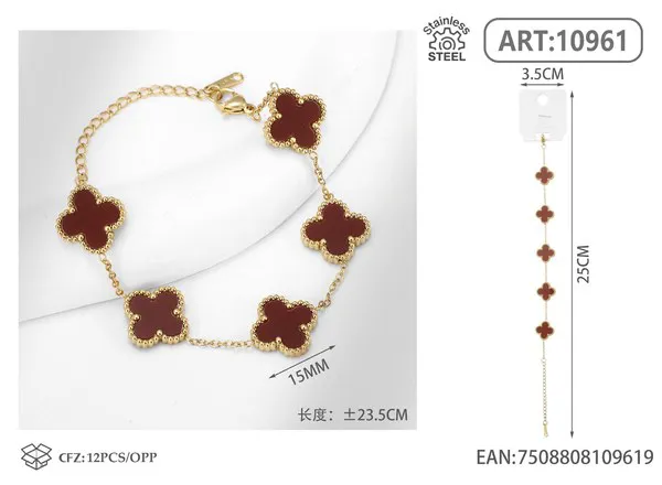 Pulsera de acero inoxidable con cinco tréboles, rojo vino