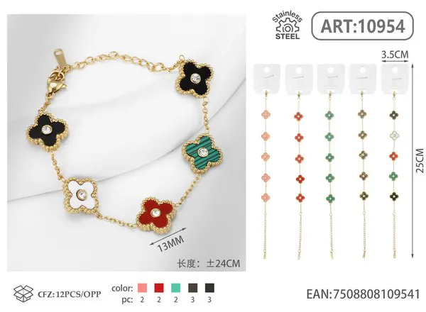 Pulsera de acero inoxidable con cinco tréboles y circonias, varios colores