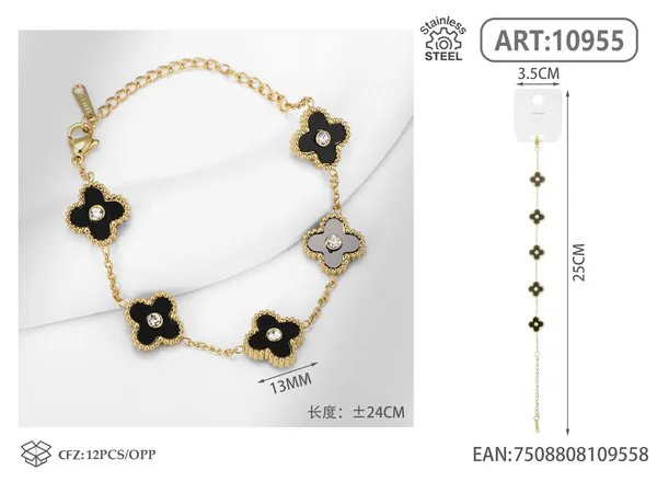 Pulsera de acero inoxidable con cinco tréboles y circonias, negro