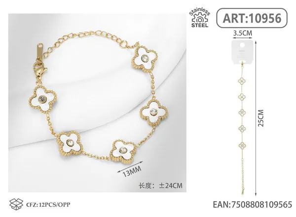 Pulsera de acero inoxidable con cinco tréboles y circonias, blanco