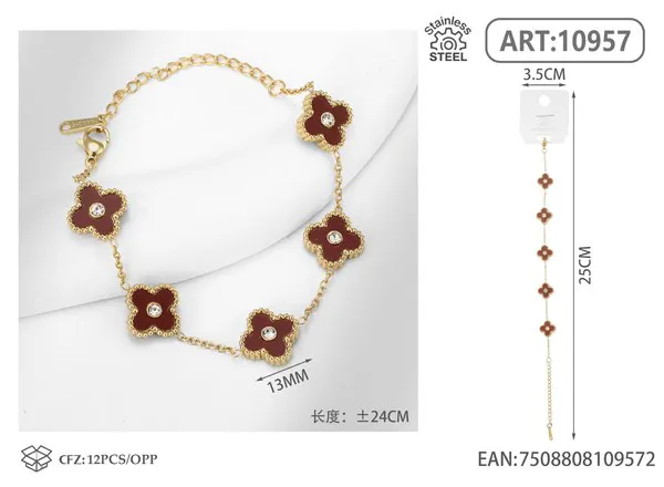 Pulsera de acero inoxidable con cinco tréboles y circonias, rojo vino